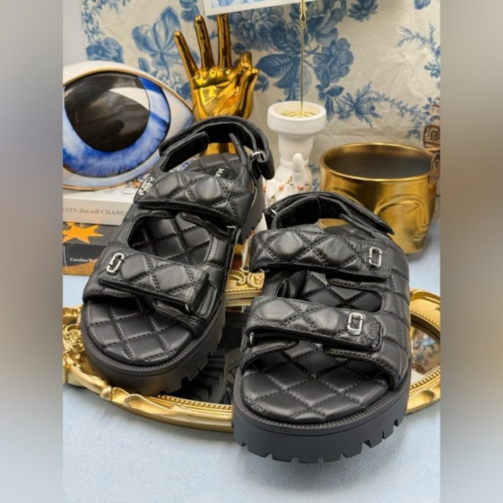 🆕 MARC JACOBS 🧿 NWOB The Quilted Sunny Leather Dad Sandals, Black - Sz 39 US 9 - Picture 7 of 16